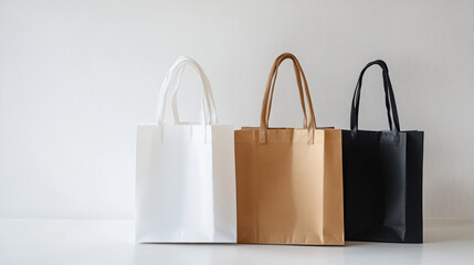 Realistic shopping paper, plastic and cloth tote bag mockups. Eco reusable white bags with handle. Corporate branding bags design  set. Disposable brown, black and white packs for stores