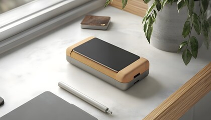A modern workspace featuring a sleek smartphone charger on a clean, elegant desk. Natural light from the window enhances the minimalist design and promotes productivity.