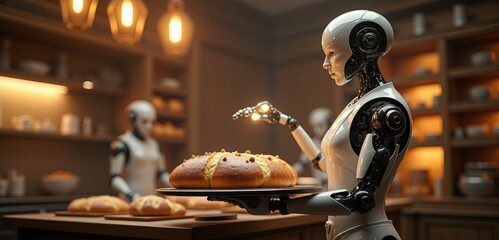 A futuristic bakery where robots expertly craft bread, showcasing the blend of technology and culinary art in a warm, inviting setting.