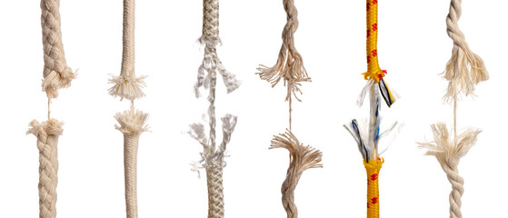 Set of frayed ropes on white background. Concept of connection