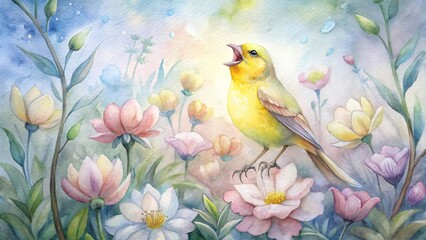 Obraz premium Yellow bird singing among pink and white flowers in a watercolor painting, a delicate and vibrant floral scene