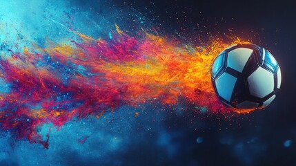 Fototapeta premium The silhouette of a soccer ball flying with a vibrant trail, set against a dynamic background with abstract, energetic splashes of neon colors
