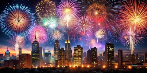 Vibrant Fireworks Display Over Cityscape at Night - New Year's Celebration