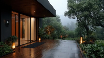Modern House Entrance in the Rain
