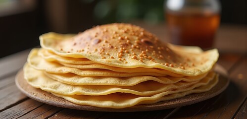 Freshly cooked, golden-brown flatbreads stacked on a wooden plate, bringing warmth and flavor to your culinary creations. Perfect for food-related projects and marketing.
