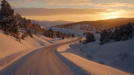 Snowy Valley Road at Sunset