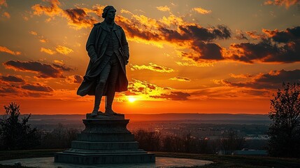 Monumental legacy: Stone figure against vivid sunset, nationalistic expression