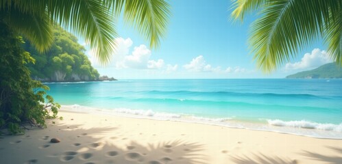 A serene tropical beach scene featuring palms, turquoise waters, and golden sands, ideal for travel, leisure, wellness, and vacation marketing.
