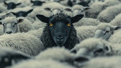 A black sheep with glowing yellow eyes standing out in a flock of white sheep representing uniqueness individuality and the contrast of being different in a group