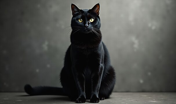 A striking portrait of a black cat against a textured background, exuding mystery and elegance, perfect for pet-related content and creative projects.