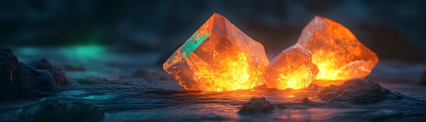 A stunning close-up of glowing crystals, radiating warm orange light against a dark, textured background