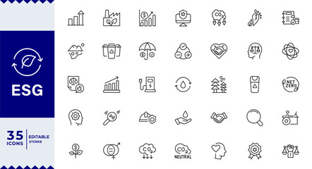 ESG icons,Pixel perfect Outline icon collection related to ecology modern ESG Icons - Ideal for Apps,  investor demand and more.stroke.