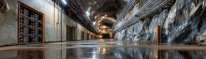 A vast underground tunnel showcasing intricate rock formations and industrial elements. The smooth floor reflects the darkened ceiling, creating a mysterious and serene atmosphere.