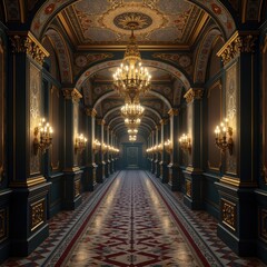 Obraz premium A stunning opulent corridor featuring elegant chandeliers and intricate decor, perfect for luxury branding, hospitality, or architectural presentations.