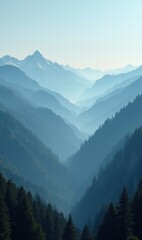 Serene mountain landscape with layers of blue mist and towering peaks, perfect for nature-themed projects, travel promotions, and relaxation concepts.