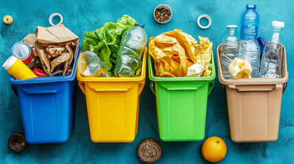 Recycling bins. Containers with separated garbage. Trash cans for plastic, glass, paper and organic. Segregate waste vector illustration. Garbage recycling, organic recycle box for trash material