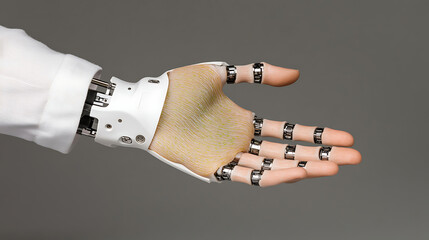 A futuristic prosthetic hand with living skin tissue, combining robotics and bioengineering