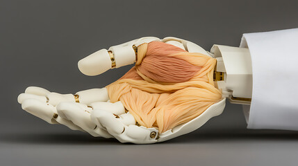 A futuristic prosthetic hand with living skin tissue, combining robotics and bioengineering