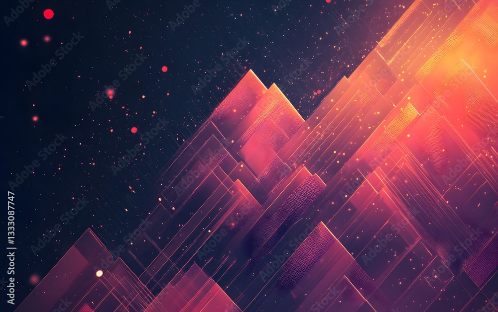 Poster an abstract digital artwork featuring sharp geometric shapes in vibrant colors against a dark backgr