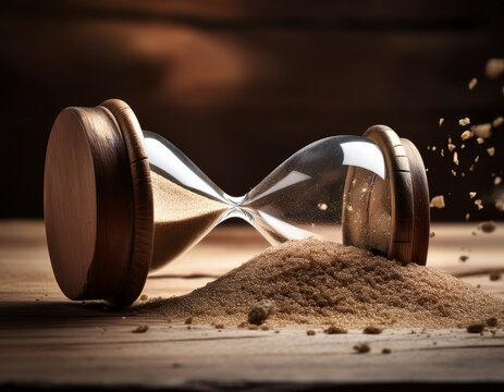 A cracked hourglass with sand spilled onto a wooden surface representing wasted opportunities