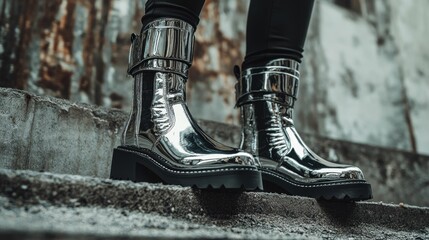 Shiny silver boots on concrete steps