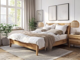 Fototapeta premium A bright and airy bedroom showcases wooden furniture and soft textures