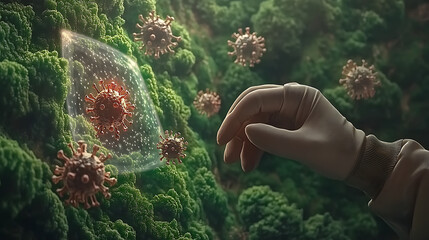 A futuristic scientist interacting with a transparent holographic interface displaying bioengineered virus simulations