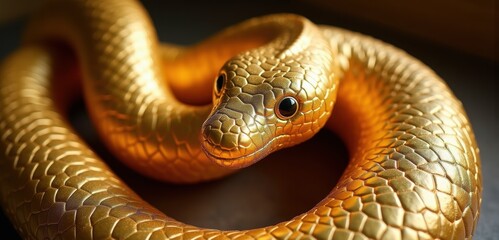A striking golden snake, showcasing its unique scales and captivating eyes, perfect for themes of luxury, nature, wildlife, and unique design elements.