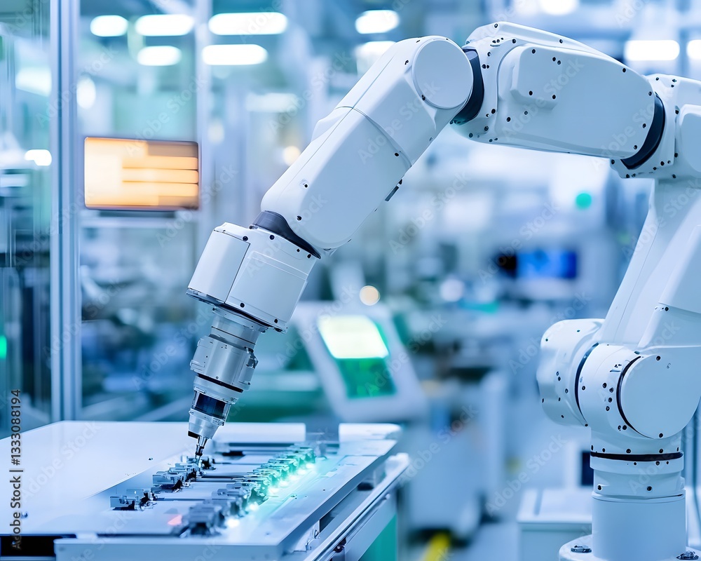 Poster automated robotic arm in a modern factory setting assembling parts efficiently.