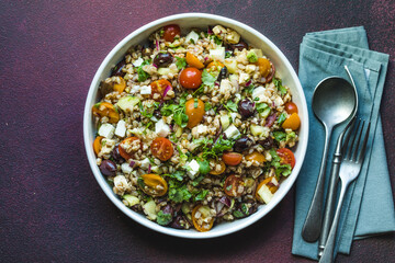 Farro salad. Cooked whole grain cereal spelt as salad with vegetables and feta cheese