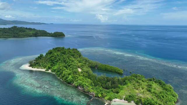 A beautiful island is surrounded by a healthy coral reef off the coast of North Sulawesi, Indonesia. This area harbors high marine biodiversity and is a popular diving and snorkeling destination.