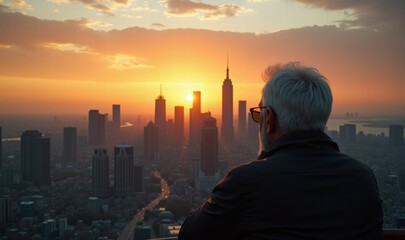 Fototapeta premium A thoughtful senior man gazes at a breathtaking sunset over a city skyline, capturing the beauty of a moment filled with reflection and inspiration.