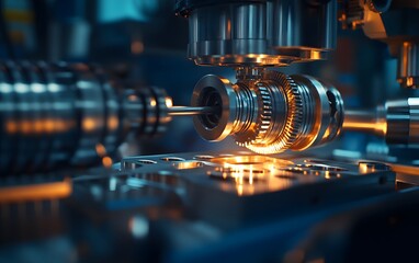 Close-up of precision machinery components illuminated by warm light, showcasing intricate details and craftsmanship.