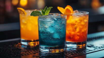 Three vibrant cocktails sit on a bar counter, each in a glass filled with ice. One features blue hues, while others are orange and amber, decorated with fruit and mint