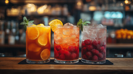 Three refreshing cocktails are displayed on a bar countertop. The drinks feature vibrant colors and garnishes of mint and fruit slices, creating an inviting atmosphere