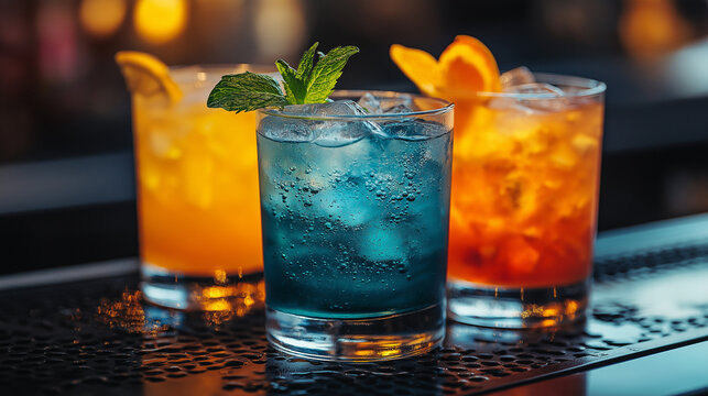 Three vibrant cocktails sit on a bar counter, each in a glass filled with ice. One features blue hues, while others are orange and amber, decorated with fruit and mint