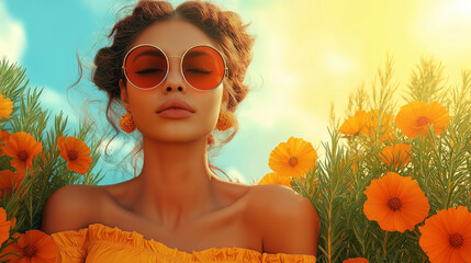 A young woman with wavy hair relaxes with closed eyes, wearing large round sunglasses. She is surrounded by bright orange flowers, basking in the warm sunlight