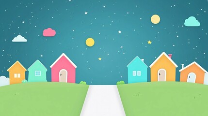 Naklejka premium Colorful houses and celestial bodies adorn a night sky landscape