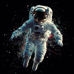 Fototapeta premium Astronaut floating in space, surrounded by colorful particles.