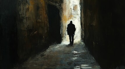 Silhouette figure walks through narrow dark alleyway.