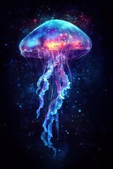 Cosmic jellyfish with vibrant colors and glowing tentacles against a dark, starry background.