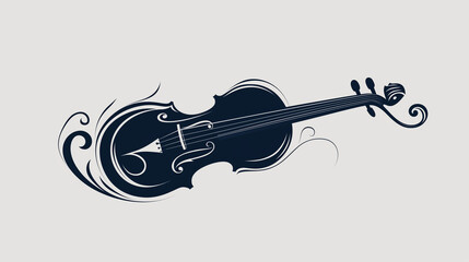 Obraz premium A beautifully designed black violin rests against a light background, surrounded by flowing decorative lines that enhance its artistic appeal, creating a serene and musical atmosphere
