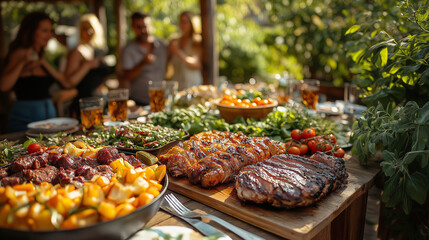 Obraz premium A vibrant gathering unfolds as friends enjoy a barbecue feast featuring grilled meats, fresh salads, and colorful fruits, all set in a lush outdoor garden during sunset