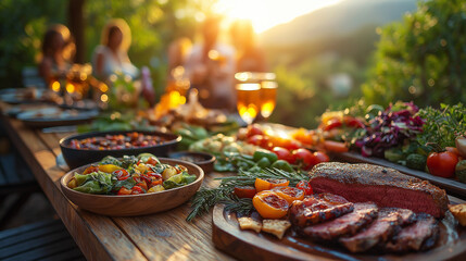 A group of friends gathers around a wooden table filled with colorful dishes as the sun sets. They enjoy various foods, drinks, and each other's company in a serene outdoor setting