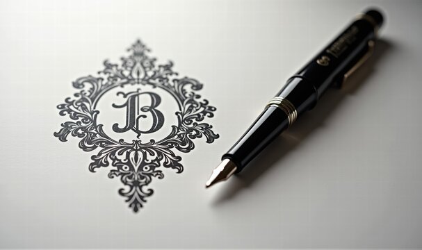 Elegant branding concept featuring a monogram B accompanied by a luxury pen, perfect for businesses in design, stationery, or upscale services.