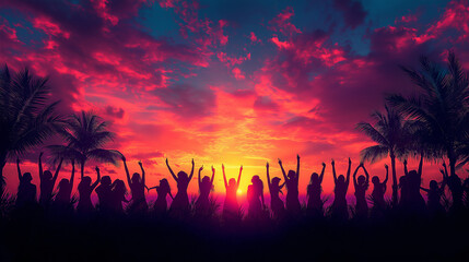 A group of people gathers at a tropical beach, silhouetted against a stunning sunset. They express joy and excitement as vibrant colors fill the sky, creating a lively atmosphere