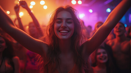 Fototapeta premium A joyful young woman with flowing hair smiles widely, amidst a lively crowd at a music festival filled with colorful lights and an energetic atmosphere during the night