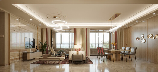3d render luxury home interior living room dining room