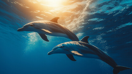 Fototapeta premium Two dolphins swim side by side beneath the sparkling ocean surface as the sun sets, casting a warm glow on the water. The peaceful ambiance highlights their playful nature