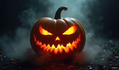 A spooky carved pumpkin glowing ominously in the dark, perfect for Halloween-themed designs and festive illustrations.